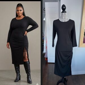 NWT 1X Rib Knit Side Ruched Midi Dress. Plus Size. Black.